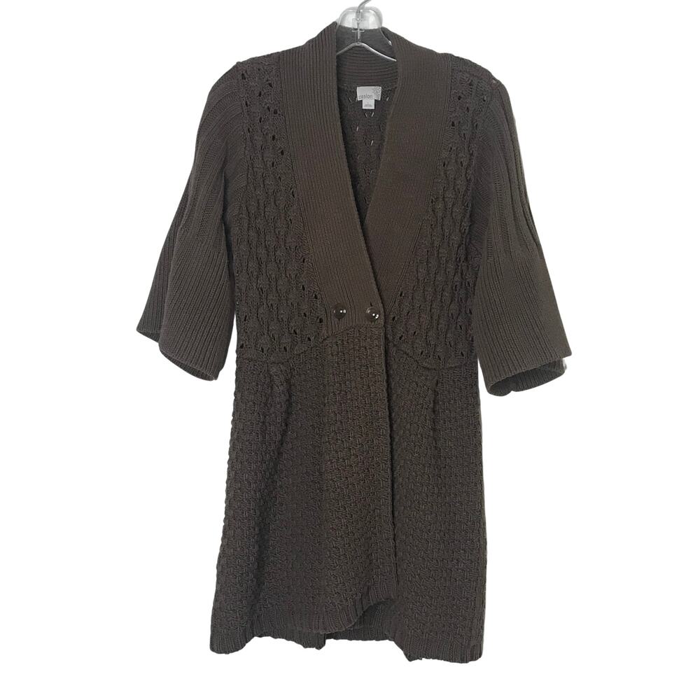 Caslon 3/4 Sleeve Chunky Basket Weave Knit Button Cardigan Sweater Brown Large